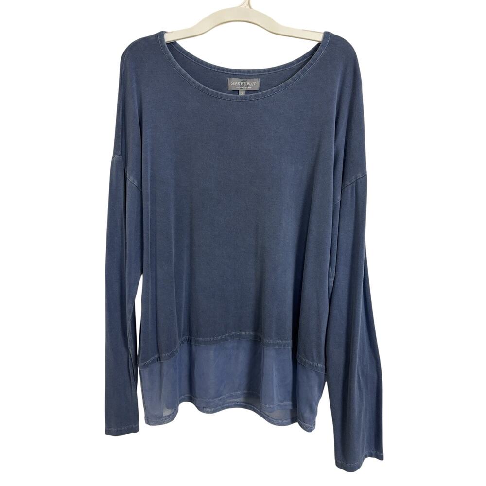 Speedway Blue Long Sleeve Sheer Layered Top Large Stretch Lounge England